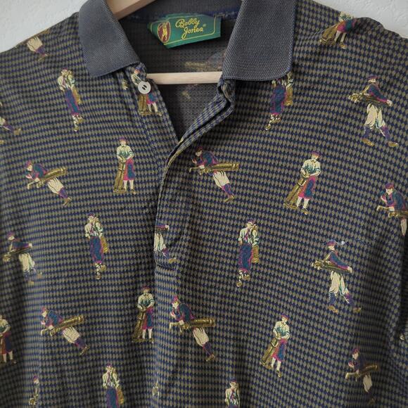 Vintage Bobby Jones Golfer Themed Golf Polo Shirt Sz M Made in Italy Blue Beige - Picture 2 of 8